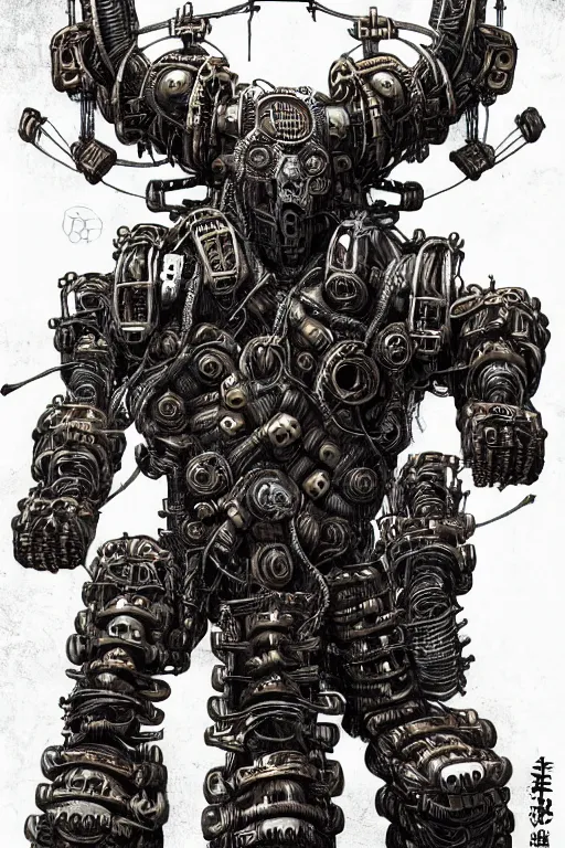 Image similar to wild monstorous anthropomorphic biomechanical bear warrior wearing dreadlocks made of cables and wires. Upgraded with hightech cyberwares. huge, big, giant bear human hybrid, mecha animal, tall, detailed woodcut armor, terrifying and dangerous, scary, beautiful, steampunk monster android hybrid art portrait, matte scifi fantasy painting, half robot half bear. DeviantArt Artstation, by Jason Felix by Steve Argyle by Tyler Jacobson by Peter Mohrbacher, cinematic lighting