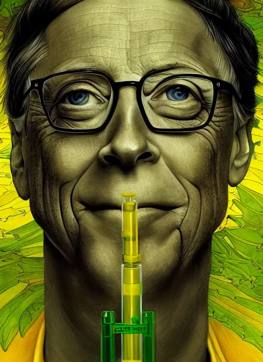 Image similar to bill gates as a reptile with green scales and yellow vertical pupills!!!, holding a syringe!!, portrait, intricate, elegant, highly detailed, digital painting, artstation, concept art, wallpaper, smooth, sharp focus, illustration, art by h. r. giger and artgerm and greg rutkowski and alphonse mucha