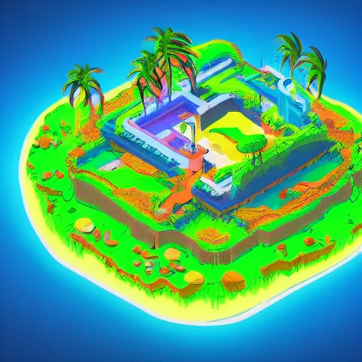 Prompt: isometric bowl island on neon background, isometric invironment, 3d art, isometric art, amazing detail, artstation, concept art, behance, ray tracing