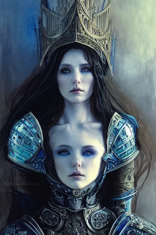 Prompt: beautiful luxury and gothic and victorian and evil medieval female blue & white color armor knight portrait+smoky eyes+light flowing hair, in ruin gothic cathedral, ultradetail face, art and illustration by tian zi and craig mullins and WLOP and alphonse mucha, fantasy, intricate complexity, human structure, fantasy world concept, watermark, blurry, hyperrealism 8k