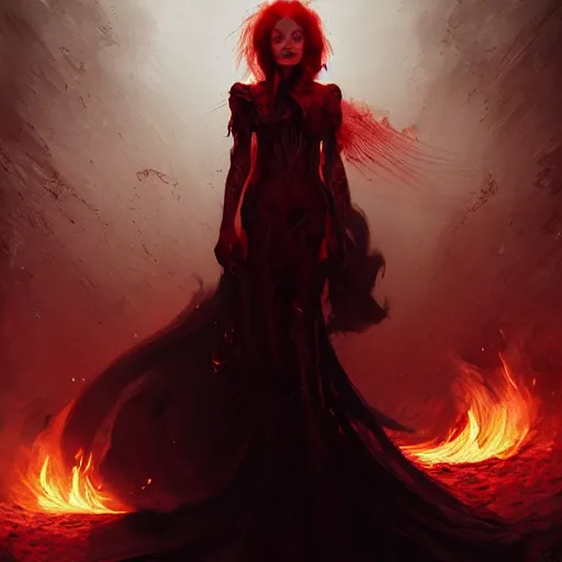 Prompt: portrait of burning woman, fire, blood red eyes, vampire fangs, fantasy, intricate, elegant, highly detailed, digital painting, artstation, concept art, matte, sharp focus, illustration, octane render, unreal engine, art by aenaluck and roberto ferri and greg rutkowski, epic fantasy, digital painting