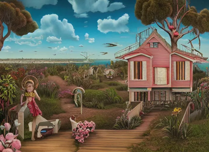 Image similar to australian beach house town, lowbrow, matte painting, 3 - d highly detailed, in the style of mark ryden,