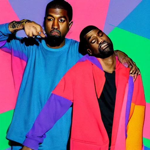 Prompt: a photoshoot for a new clothing brand by kanye west and kid cudi named kids see ghosts, by akihito yoshida, by andy warhol, by hayao myazaki, by takashi murakami, vintage, ultra - wide angle, warm color palette, light mode, 2. 5 - dimensional, 1 6 k, ultra - hd