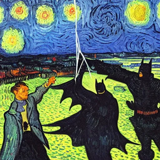 Image similar to batman flying a kite, van gogh painting,