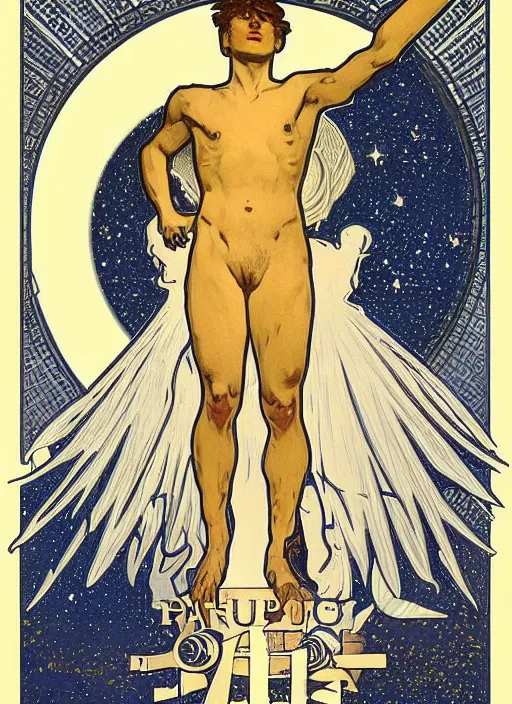 Image similar to digital character concept art by paul berthon and alphonse mucha, portrait of a young 1 2 years old icarus a god, twelve years old, arms spread wide looking skyward as if to fly, large mechanical bird wings, beautiful, smooth body, night time, light effect, clouds, stars, glowing lanterns, detailed, poster art, lithograph, hyper detail