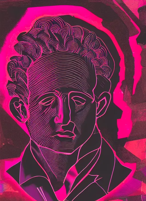 Image similar to black background with subtle red and purple design elements, bust of julius caesar, nekro, modern design, collage art, thin lines, dark, glitch art, neo vaporwave, gritty, layout frame, trending on artstation
