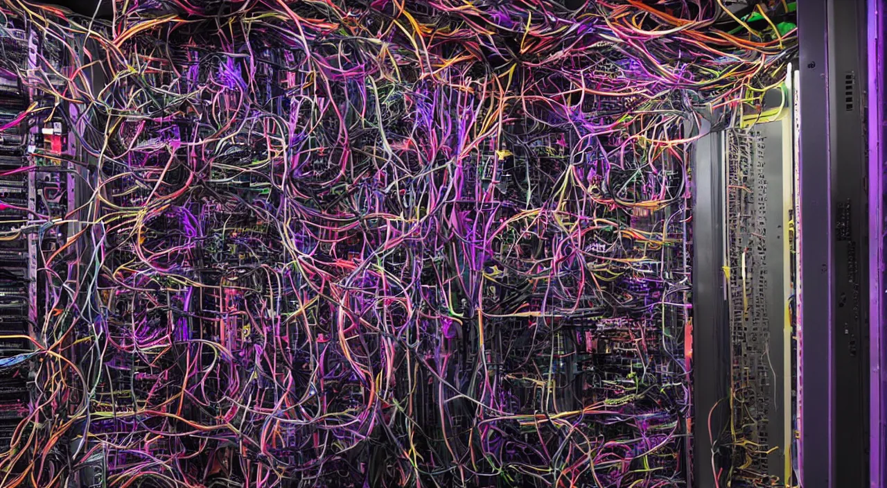 Prompt: dark broken corrupted server rack computer crypto mining data center servers equipment red, magenta, orange, yellow, pink, purple color coded wires and cables, blinking led status lights and indicators, in the dark, chaotic 5 5 mm photography detailed footage