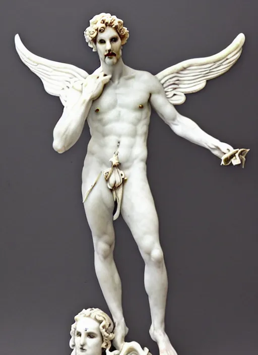 Prompt: art nouveau marble statue of tom ellis ( lucifer ) as a winged demon