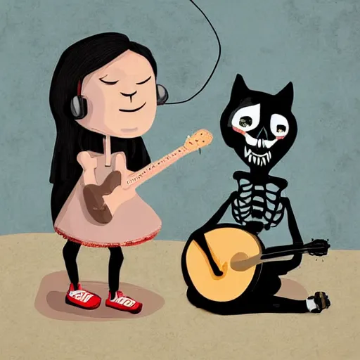 Image similar to skeleton wearing headphones watching girl playing guitar with her black cat standing next to her, digital art