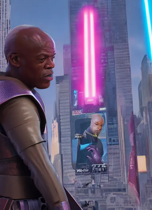 Image similar to An epic fantasy comic book style portrait painting of a young Mace Windu using the force to escape the police in Times Square, Star Wars, Unreal 5, DAZ, hyperrealistic, octane render, cosplay, RPG portrait, dynamic lighting