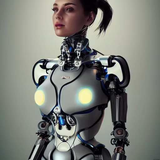 Image similar to a beautiful woman wearing robot suit with wires and light, highly detailed, photorealistic, artstation, smooth