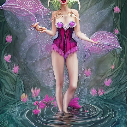 Image similar to youthful water dryad fairy wearing corset and shorts, wearing intricately detailed masquerade mask on face, standing in a swirling rock pool, swirling fuschia flowers, fashion photography, costume design, illustration, symmetrical face and body, single face, perfect proportions, cinematic color grading, editorial photo, fashion, hyperrealism, Charlie Bowater, WLOP, detailed, intricate, elegant, vfx, postprocessing, octane render, 8k
