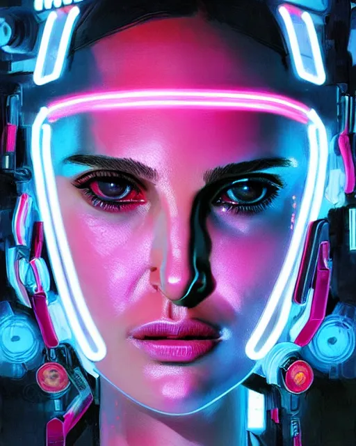 Image similar to detailed portrait Natalie Portman Neon Operator Girl, cyberpunk futuristic neon, reflective puffy coat, decorated with traditional Japanese ornaments by Ismail inceoglu dragan bibin hans thoma greg rutkowski Alexandros Pyromallis Nekro Rene Maritte Illustrated, Perfect face, fine details, realistic shaded, fine-face, pretty face