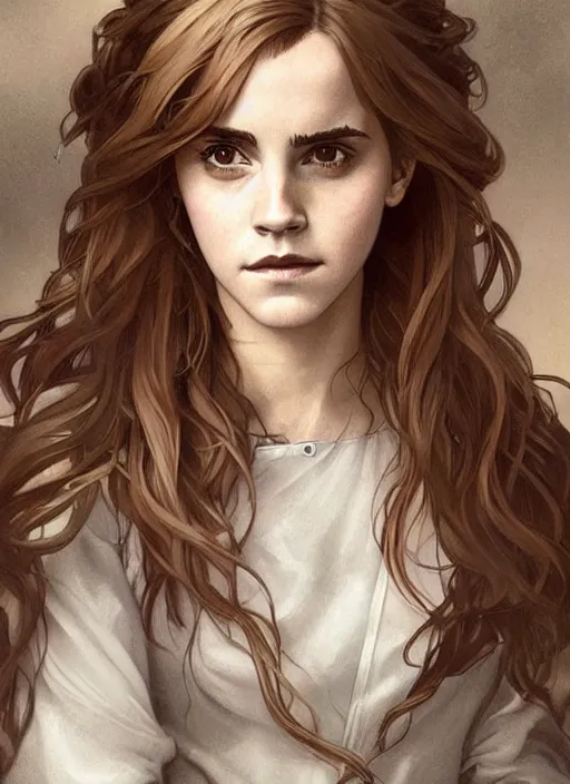 Prompt: emma watson as hermione granger at hogwarts. beautiful detailed face. by artgerm and greg rutkowski and alphonse mucha