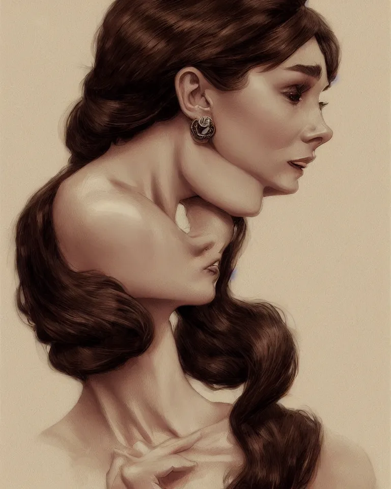 Prompt: portrait of a young audrey hepburn, upper bust, seductive eyes, long hair, joyful smirk, intricate, elegant, highly detailed, digital painting, artstation, concept art, matte, sharp focus, illustration, art by artgerm and greg rutkowski and alphonse mucha