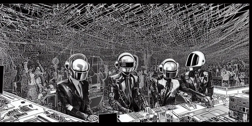 Image similar to intricate detailed artwork of 2 Daft Punk robot rock using Apple notebook Macbook at an underground warehouse rave in Ibiza, playing techno house music, thousands of beautiful girls in bikini dancing, in the style of Moebius, wires, speakers, black and white ink, some ink drips, sharp details