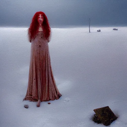 Prompt: a suureal painting of a lonely woman with pale skin and long red hair standing over a pile of bodies in post - apocalyptic snowy landscape, surrealism, by zdzislaw beksinski, by dariusz zawadzki, by john jude palencar