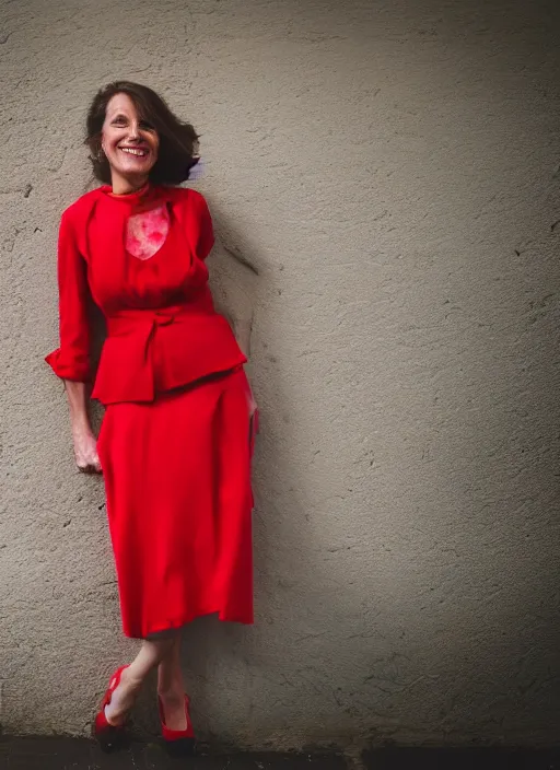 Prompt: color portrait of a beautiful 35-year-old smiling Italian woman, wearing a red outfit, candid street portrait in the style of annie leibovitz medium shot, detailed, award winning, Sony a7R