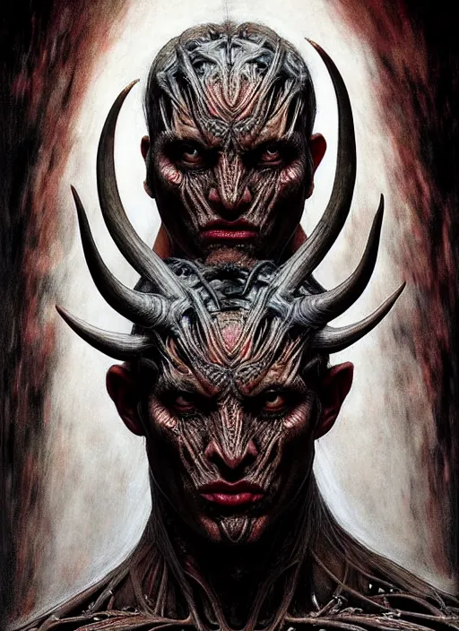 Image similar to half demon half human man intricate skin pattern texture, elegant, peaceful, playful full body, white horns, hyper realistic, extremely detailed, dnd character art portrait, dark fantasy art, intricate fantasy painting, dramatic lighting, vivid colors, deviant art, artstation, by edgar maxence and caravaggio and michael whelan and delacroix by h. r. giger