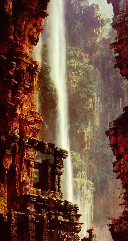 Prompt: ancient temple ruins interior, waterfall, intricate, elegant, vivid colors, highly detailed, john park, craig mullins, sparth, ruan jia, jeffrey catherine jones