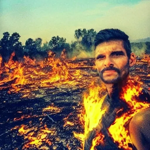 Prompt: last selfie of mutated man before apocalypse, burning field on background,