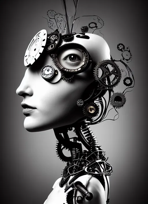 Image similar to black and white dreamy foggy profile face portrait, one steampunk eye biomechanical beautiful young female cyclope - cyborg - robot bust, body ribs meshes,, volumetric light, hibiscus flowers, by hg giger, rim light, by dora maar and cecile beaton, big gothic fashion pearl embroidered collar, 8 k