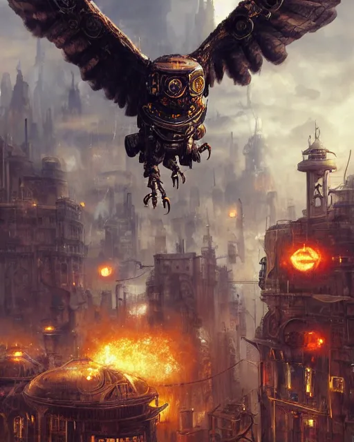 Image similar to oil painting of exploding steampunk city, Gigantic Steampunk Owl Robot above, sharp focus, full body, heroic pose, fantasy style, octane render, volumetric lighting, 8k high definition, by greg rutkowski, highly detailed, trending on art Station, magic the gathering artwork, centered, dramatic artwork, combat scene