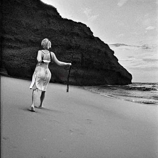 Prompt: Barbara Schöneberger, 1990, walking on the beach. Award-winning photograph.