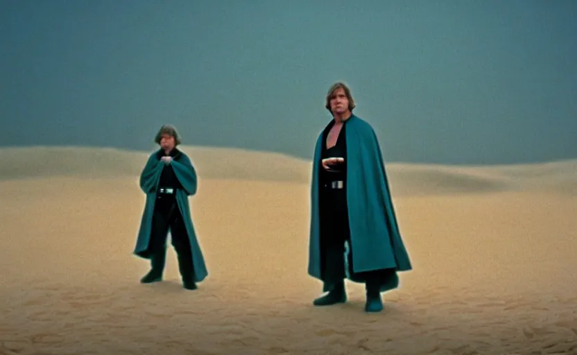 Prompt: screenshot portrait of Luke Skywalker, played by mark Hammill, in a teal, round Temple scene from 1980s film by Stanley Kubrick, 4k serene, iconic shot, surreal sci fi set design, photoreal detailed face, moody lighting stunning cinematography, hyper detailed, sharp, anamorphic lenses, kodak color film