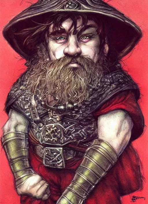 Image similar to portrait of dwarf wizard, beautiful! coherent! dungeons and dragons character, by brian froud, strong line, deep color, chainmail, short red hair, high contrast