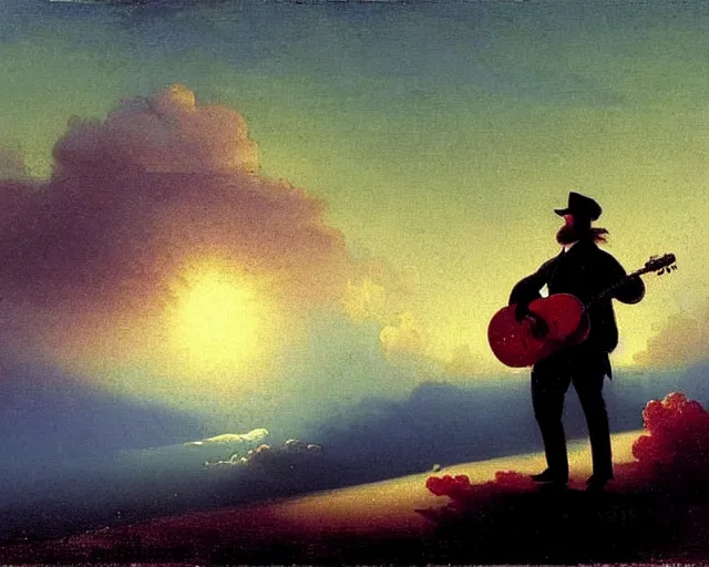 Image similar to A slightly silhouetted figure of a man with a guitar, clouds that look like mountains the clouds are a deep blue purple color with the sun blazing behind the clouds, art by Ivan Aivazovsky