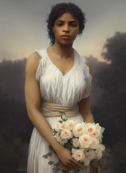 Image similar to oil painting close up portrait of a contemplative young black woman with long dark flowing hair in a dress made of white roses!! at sunset, hazy, digital art, chiaroscuro, artstation, cinematic, golden hour, digital art painting by greg rutkowski, william - adolphe bouguereau, hazy atmosphere, cinematic lighting