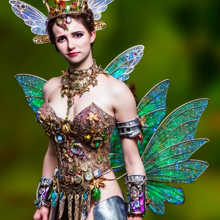 Prompt: full body photo of a very beautiful!! fairy queen with bejewelled armour, highly detailed, 4 k, hdr, smooth, sharp focus, high resolution, award - winning photo