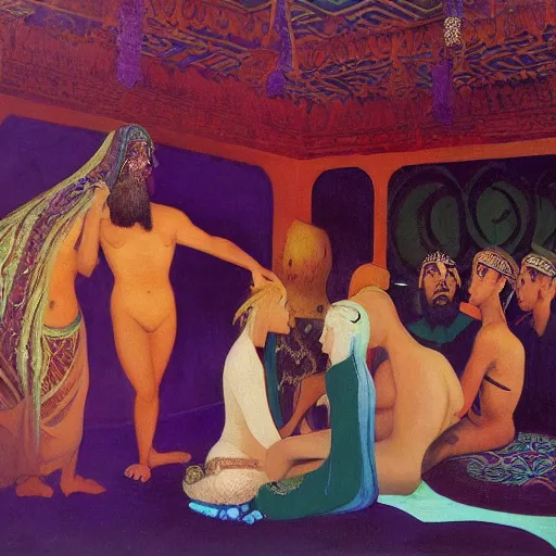 Image similar to a detailed oil painting of a harem with arabic patterns, turquoise and purple fire, by nicholas roerich, by frank frazetta by georgia o keeffe by frederick william elwell, by hans emmenegger, by bruce pennington, by eyvind earle highly detailed, realistic, outline, line work, oriental,