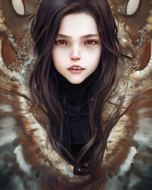 Image similar to 1 5 - year old girl with lush brown hair, large front teeth, and bright piercing brown eyes, hyper realistic face, beautiful eyes, character art, art by artgerm lau and wlop and and ilya kuvshinov and john singer sargent, hyperdetailed, symmetrical, cryengine, trending on artstation, digital art