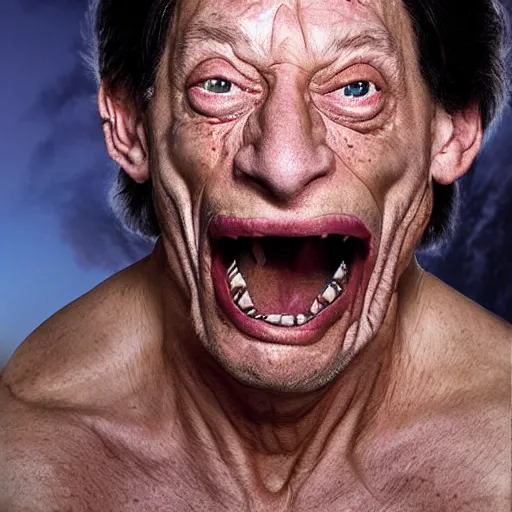 Image similar to jim varney in pain transforming under the full moon into a werewolf, full terror on his face. award winning stunning photography