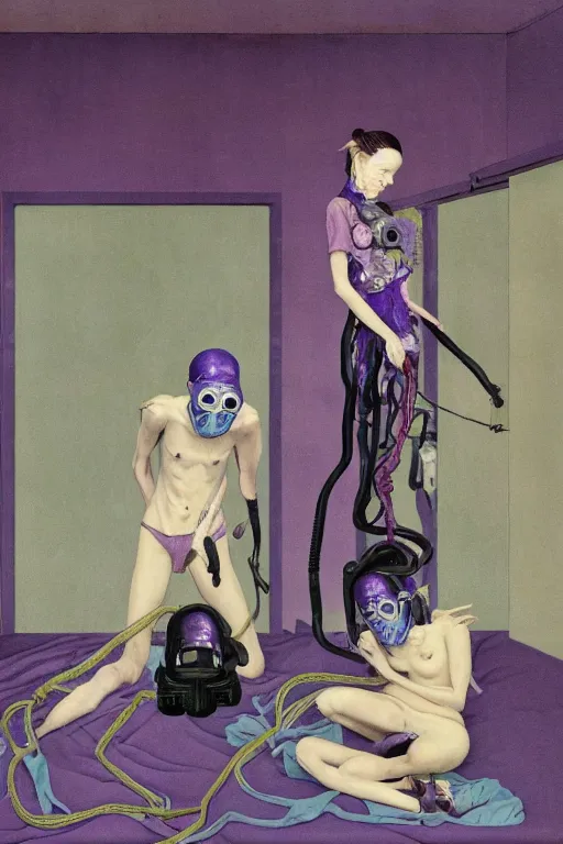 Image similar to a surreal frances bacon and takato yamamoto painting of two skinny figures, fleshy, wearing ornate gas masks and clothed in purple and blue, inside a grand dystopian room with fires raging and medical equipment, full view, concept art, horror art, extremely high details, hyper realistic high quality adrian ghenie and edward hopper