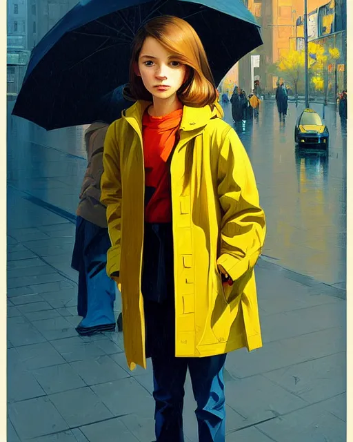 Prompt: stylized portrait of an artistic pose, composition, young kid with a yellow raincoat, standing in an empty steet, realistic shaded, fine details, realistic shaded lighting poster by ilya kuvshinov, magali villeneuve, artgerm, jeremy lipkin and michael garmash and rob rey