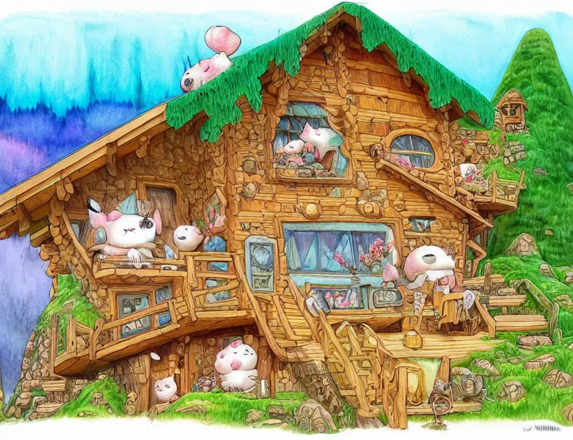 Prompt: cute and funny, a beautiful cozy cabin carved into a mountain, view of the ocean beneath, ratfink style by ed roth, centered award winning watercolor pen illustration, isometric illustration by chihiro iwasaki, edited by range murata, tiny details by artgerm and watercolor girl, sharply focused