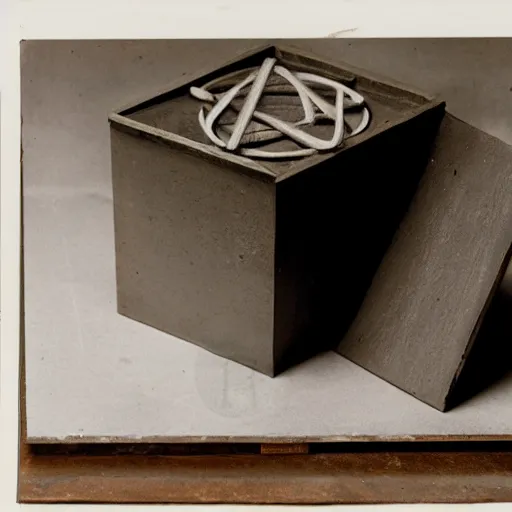 Prompt: a single readymade occult object by Marcel Duchamp, banal object on a pedestal, historical archive, studio shoot