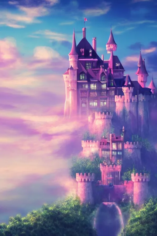 Image similar to beatiful castle in the clouds, romantic, atmospheric, wide shot, vaporwave colors, realistic, 4 k, volumetric lighting