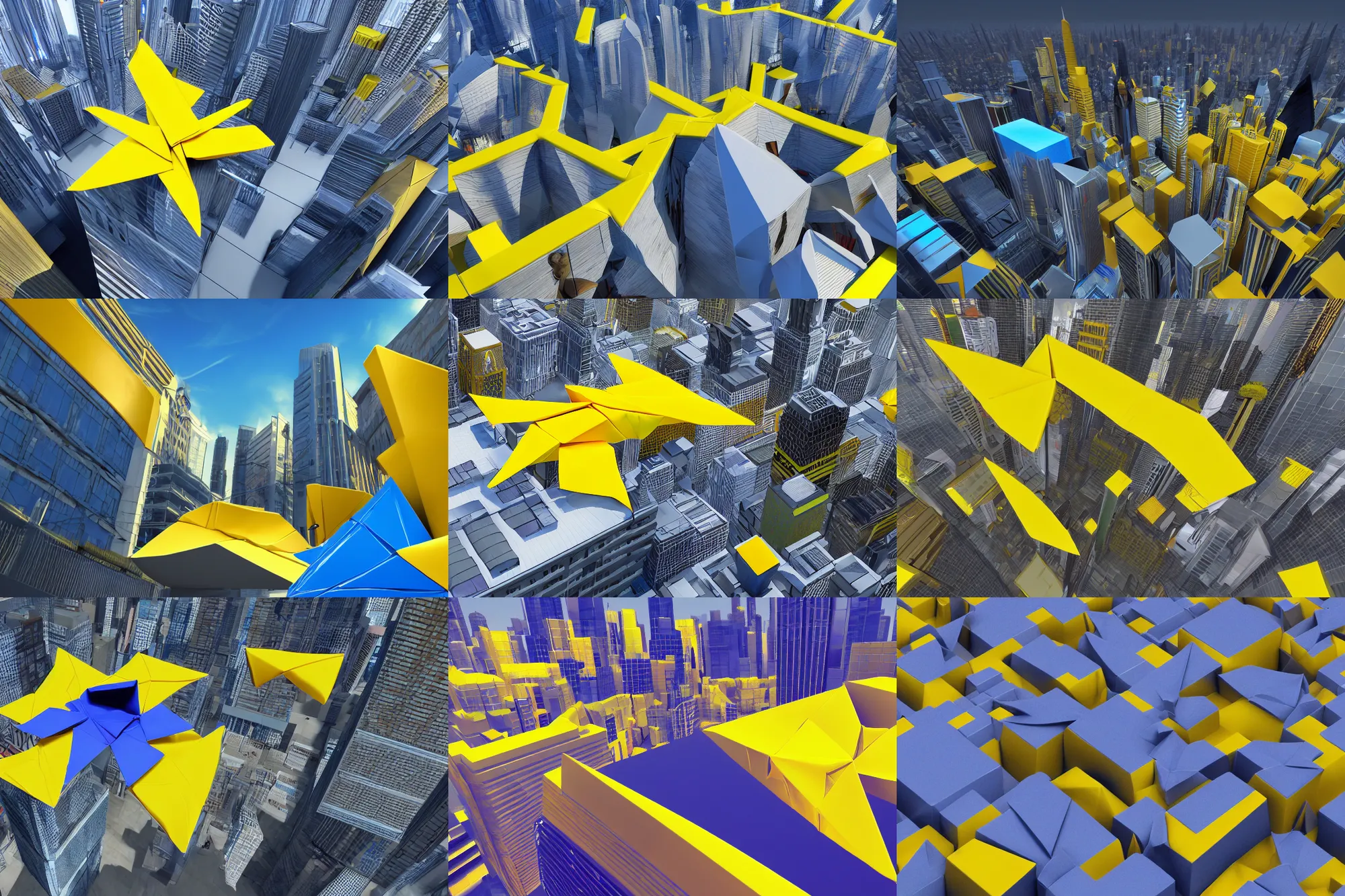 Prompt: mirror's edge city, origami, colorful, yellow and blue highlights, nvidia render, ambient lighting, sunlight, bright, concept art, sharp focus, 8k