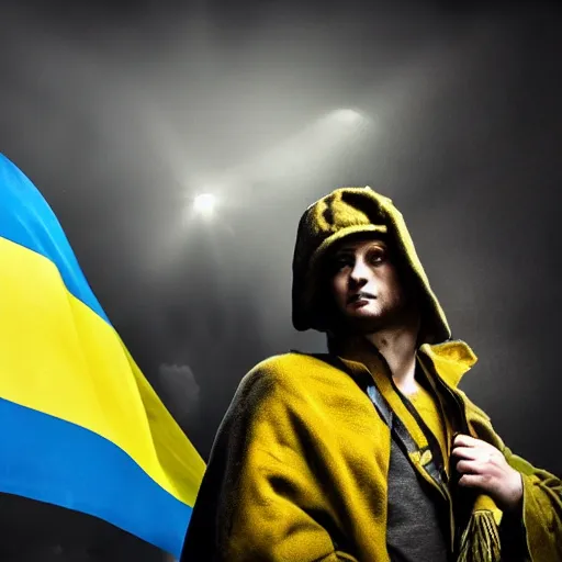 Image similar to heroic painting of Zelenski, dramatic lighting, proud, flag of ukraine in the background, cinematic