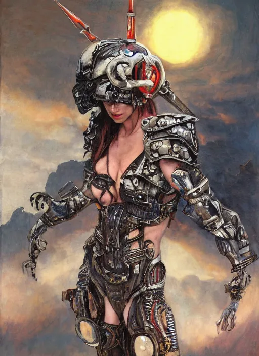 Prompt: dynamic! closeup biblical diabolical pirate! cyborg girl! stylish armor, heavy eyes to the side, closeup, bright glowing eyes, in clouds, rain, sunset, portrait, by gerald brom, by mikhail vrubel, by peter elson, muted colors, extreme detail, mirrors, trending on artstation, 8 k