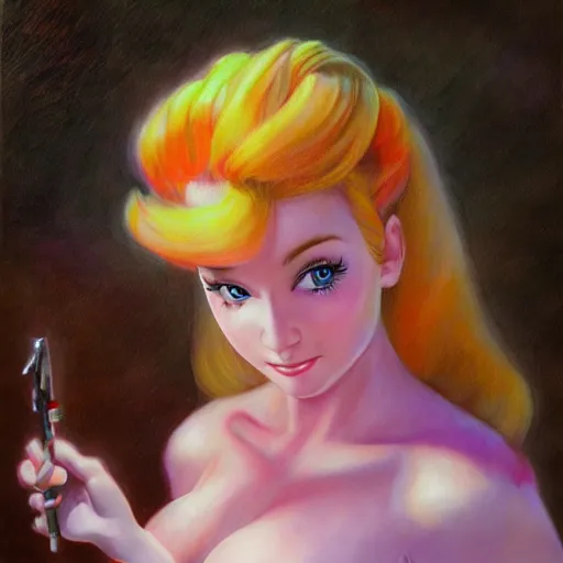 Image similar to An ultra realistic portrait painting of Princess Peach in the style of Frank Frazetta, 4k, Ultrarealistic, Highly Detailed, Dark Fantasy, Epic Lighting