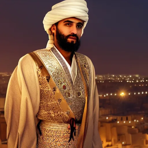 Prompt: a man in traditional Arabian costume overlooking his empire, cinematic, hyper realistic, soft lighting, intricate details, stunning