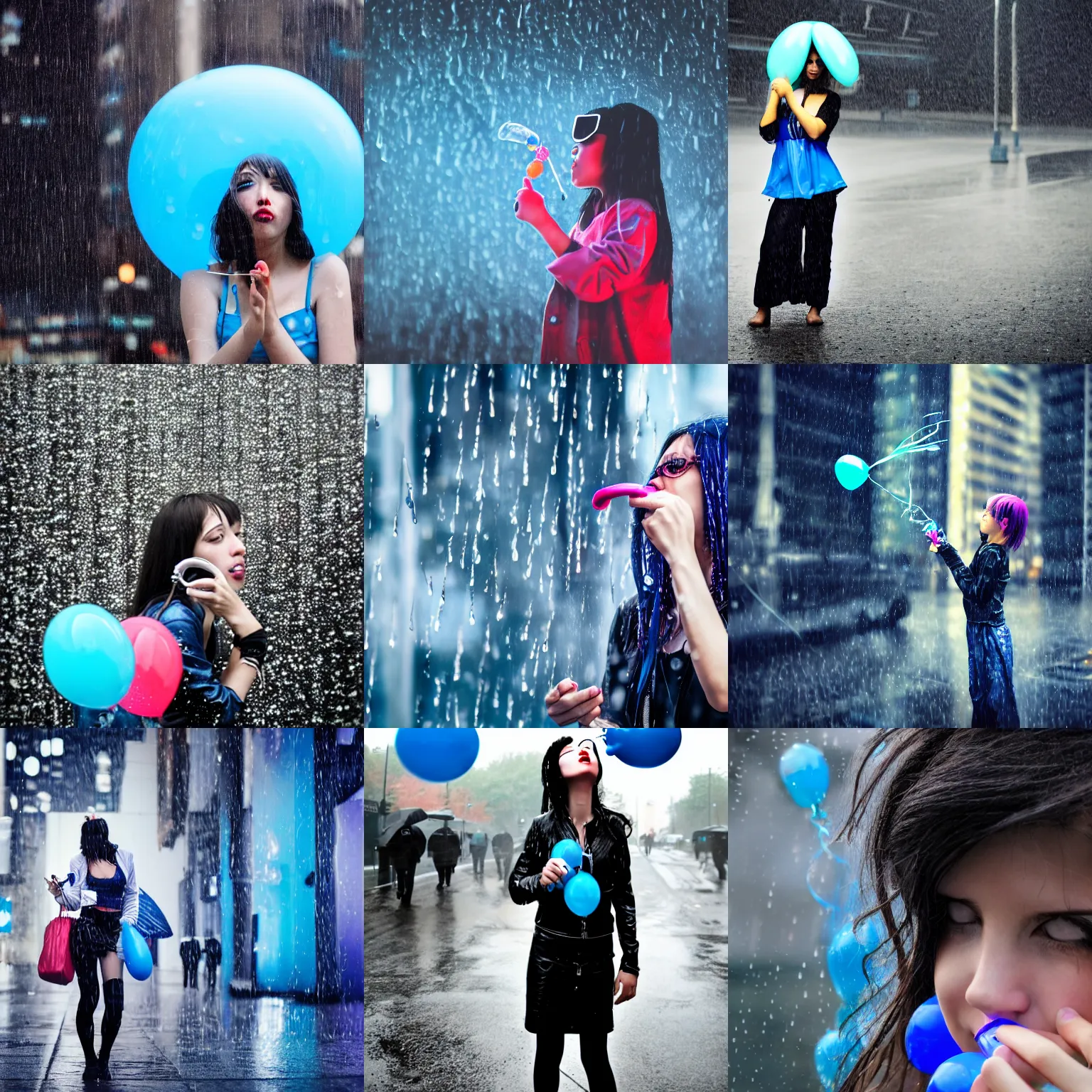 Prompt: Cyberpunk girl blowing a blue balloon in a rainy weather, Flickr photography