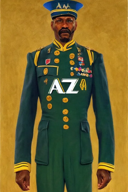 Image similar to full body portrait of the dictator of the nba utah jazz, 1 8 8 9, in full military garb, navy blue, green, yellow, oil on canvas by william sidney mount, trending on artstation