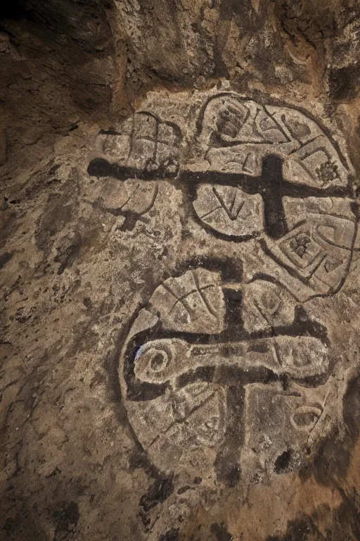 Image similar to 4 k photography of petroglyphs representing crosses, ufo, yin yang symbol on a cave