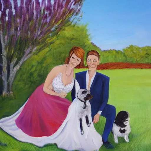 Prompt: a painting of a couple that has just been married, with their little dog beside them on a beautiful sunny day